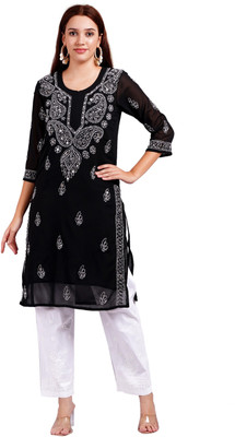 Mrs Right Women Chikan Embroidery A-line Kurta(Black)