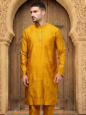 Whiteheart Men Printed Straight Kurta(Yellow)