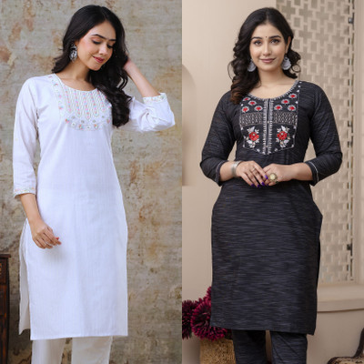 AUZAAI COLLECTION Women Embroidered Straight Kurta(White, Green)