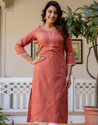 Skylee Women Chikan Embroidery Straight Kurta(Orange)