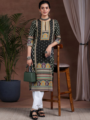LIBAS Women Printed Straight Kurta(Black)