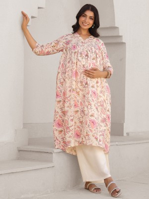 Janasya Women Floral Print A-line Kurta(Beige)