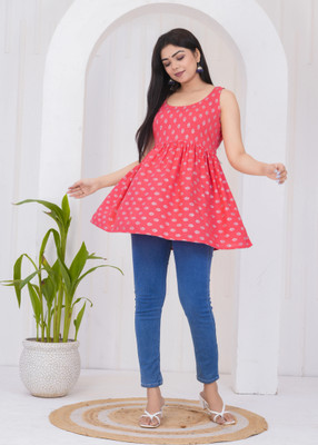 GXS Women Printed Flared Kurta(Pink)