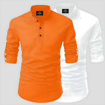 LIRMO Men Solid Straight Kurta(Orange, White)