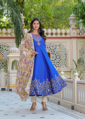 Yash Gallery Women Floral Print Anarkali Kurta(Blue)