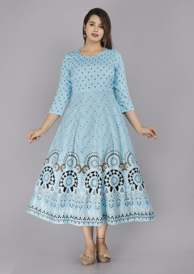 SUBH LAXMI Women Printed Flared Kurta(Light Blue)
