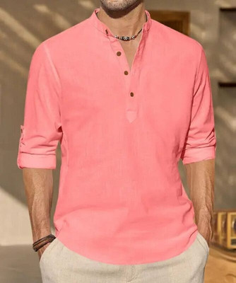 StoneHeart Men Solid Straight Kurta(Pink)