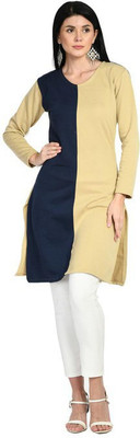 Indeweaves Women Colorblock Straight Kurta(Beige)