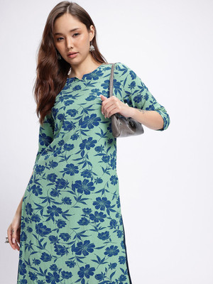 Anouk Rustic Women Floral Print Straight Kurta(Green, Blue)
