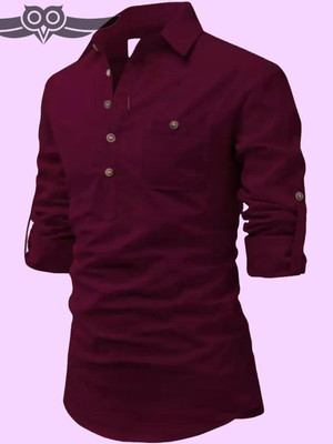 Life Roads Men Solid Pathani Kurta(Maroon)