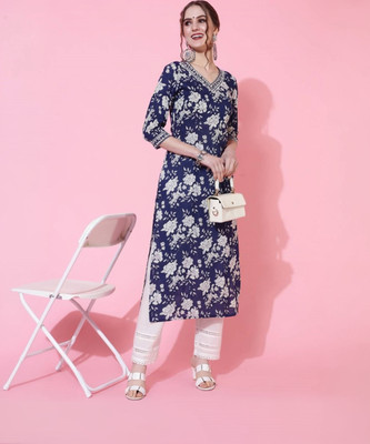 VRVastra Women Floral Print Straight Kurta(Blue)