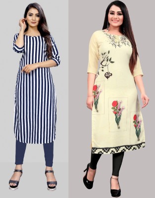 Modli 20 Fashion Women Floral Print Straight Kurta(Blue, Beige)