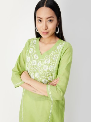 MAX Women Chikan Embroidery A-line Kurta(Green)