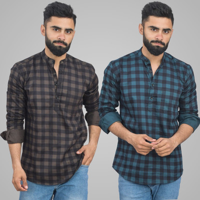 QuaClo Men Checkered Straight Kurta(Brown, Dark Blue)