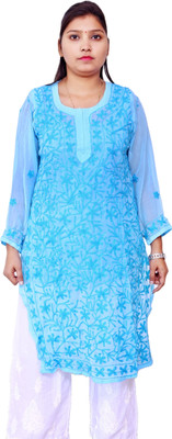Ah creation Women Chikan Embroidery Ethnic Dress Kurta(Blue)