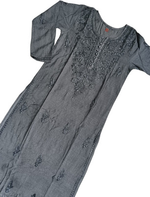 Lucknow Chikan Art Women Chikan Embroidery A-line Kurta(Grey)