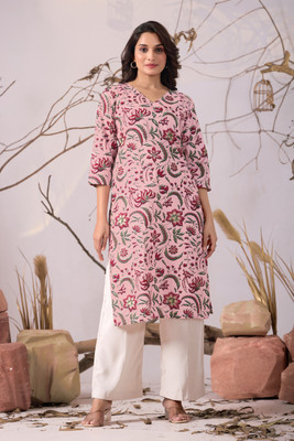 KALEE Women Floral Print Straight Kurta(Pink)