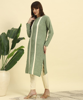 CANBLAR Women Self Design Straight Kurta(Green)