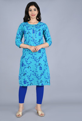 Lihimisu Women Geometric Print Straight Kurta(Blue)