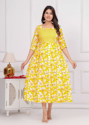 UrbanRang Women Floral Print Anarkali Kurta(Yellow)