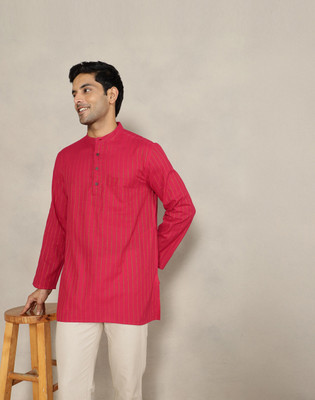 Fabindia Men Striped Straight Kurta(Red)