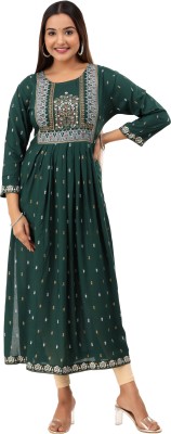 ASHRU Women Printed Frontslit Kurta(Green)