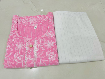 Insha Enterprise Women Floral Print A-line Kurta(Pink, White)