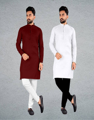 DHASU TRENDZ Men Solid Straight Kurta(Maroon, White)