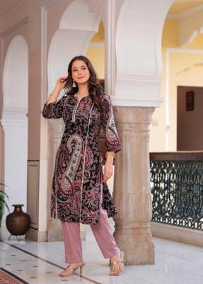 LUBNACREATION Women Paisley Pakistani Kurta(Black)