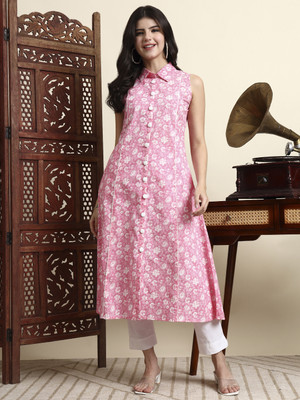 Yufta Women Floral Print Anarkali Kurta(Pink)