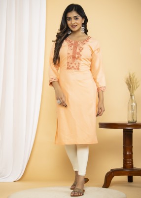 Vomira Women Embroidered A-line Kurta(Orange)