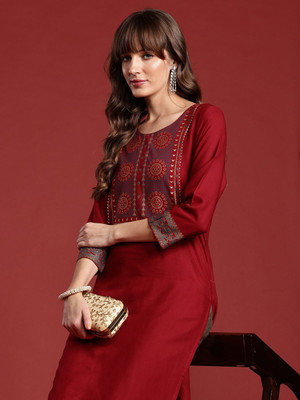 ANOUK Women Embroidered, Solid Straight Kurta(Red)