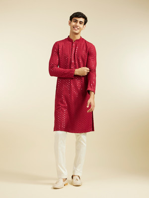 DIWAS by Manyavar Men Embroidered Straight Kurta(Maroon)