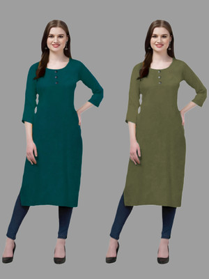 HOFC Women Solid Straight Kurta(Dark Green, Green)