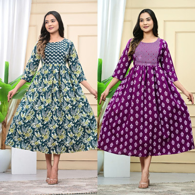 Kadri Women Floral Print A-line Kurta(Blue)