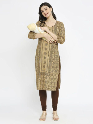 TRUE SHAPE Women Printed A-line Kurta(Brown)