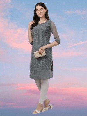 GreenVillage enterprise Women Embroidered A-line Kurta(Grey)