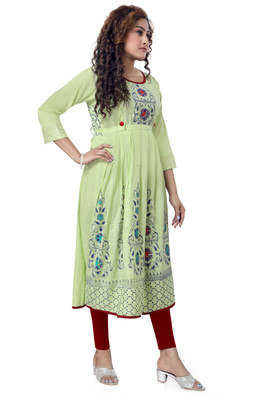 top by Fashion Women Printed Anarkali Kurta(Light Green)