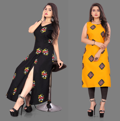 Modli 20 Fashion Women Printed Straight Kurta(Yellow, Black)