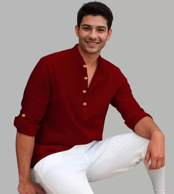 Springberry Men Solid Straight Kurta(Maroon)