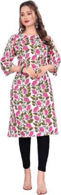 AAI DEEP IMPEX Women Floral Print A-line Kurta(White, Pink)