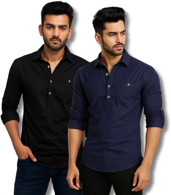 CROWNTAIL Men Solid Straight Kurta(Black, Dark Blue)