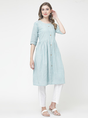 VINH FASHION Women Striped A-line Kurta(Light Blue, White)