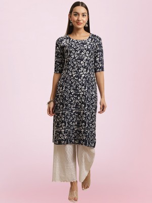 1 Stop Fashion Women Printed Straight Kurta(Dark Blue, White)