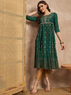 all about you Women Floral Print Anarkali Kurta(Green)