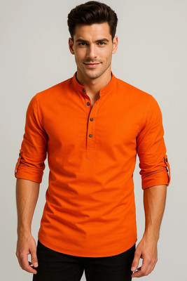 PRIMEICON Men Solid Straight Kurta(Orange)
