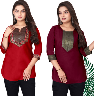 FSR Women Embroidered Straight Kurta(Red, Maroon)