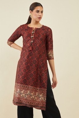 soch Women Printed Straight Kurta(Brown)