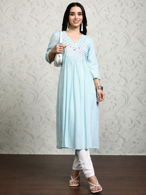 Vishudh Women Self Design A-line Kurta(Blue)