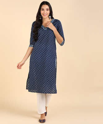 Blocks Of India Women Printed A-line Kurta(Dark Blue, White, Light Blue)